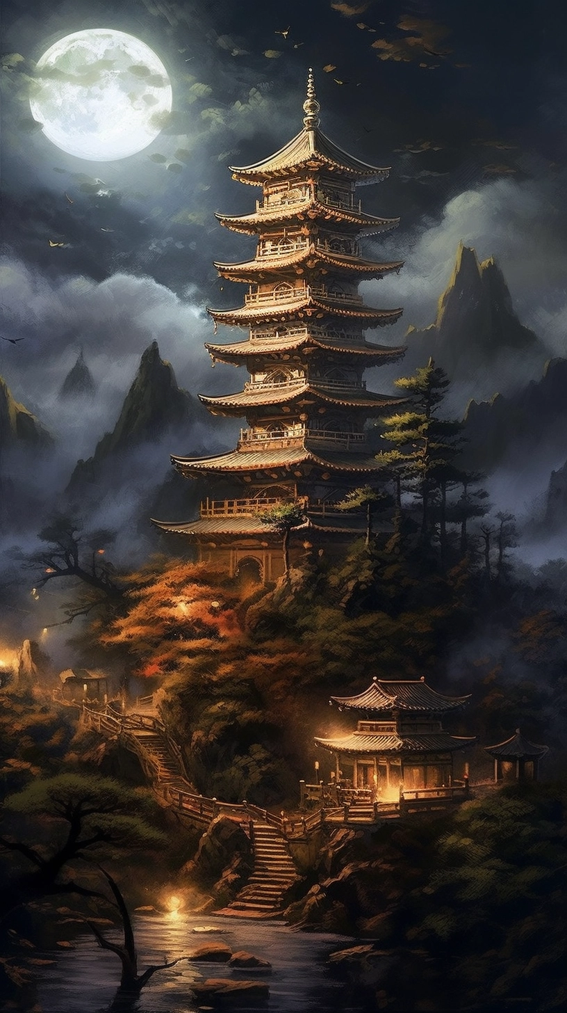 Sky Pagoda: Realistic Fantasy Art with NeoGeo Style