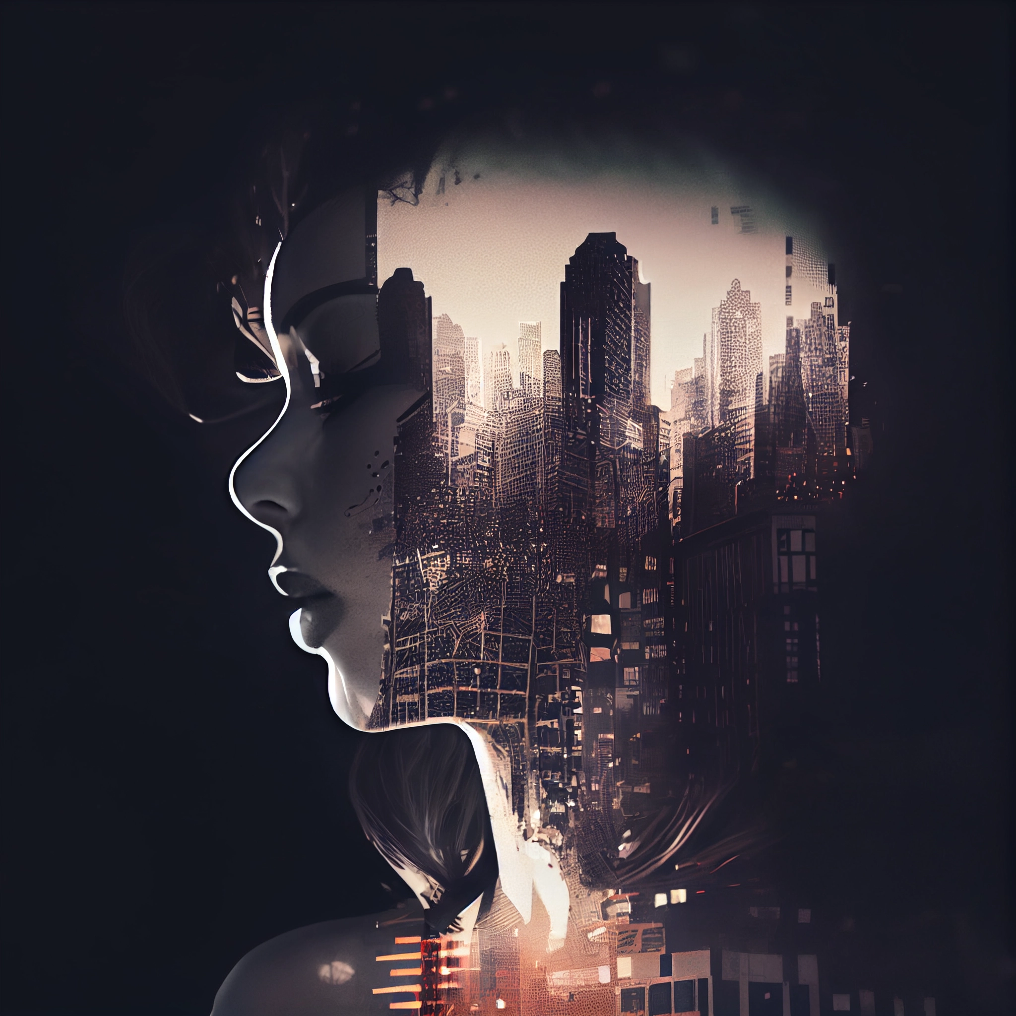 Cyberpunk City in Woman's Silhouette