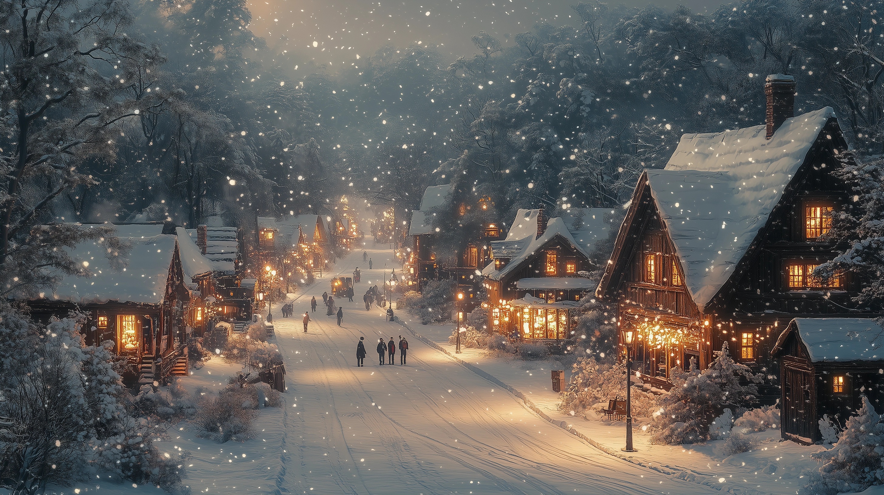 Cozy Snowy Village: Heartwarming Night Scene