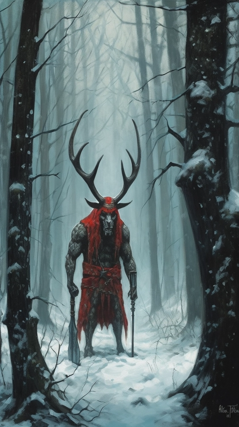 Horned Giant in Snowy Forest: Epic Fantasy Scene