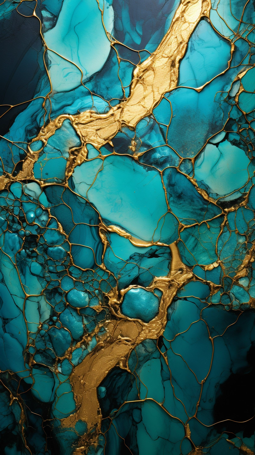 Turquoise & Gold Chrome Abstract Art: Kintsugi Mosaic