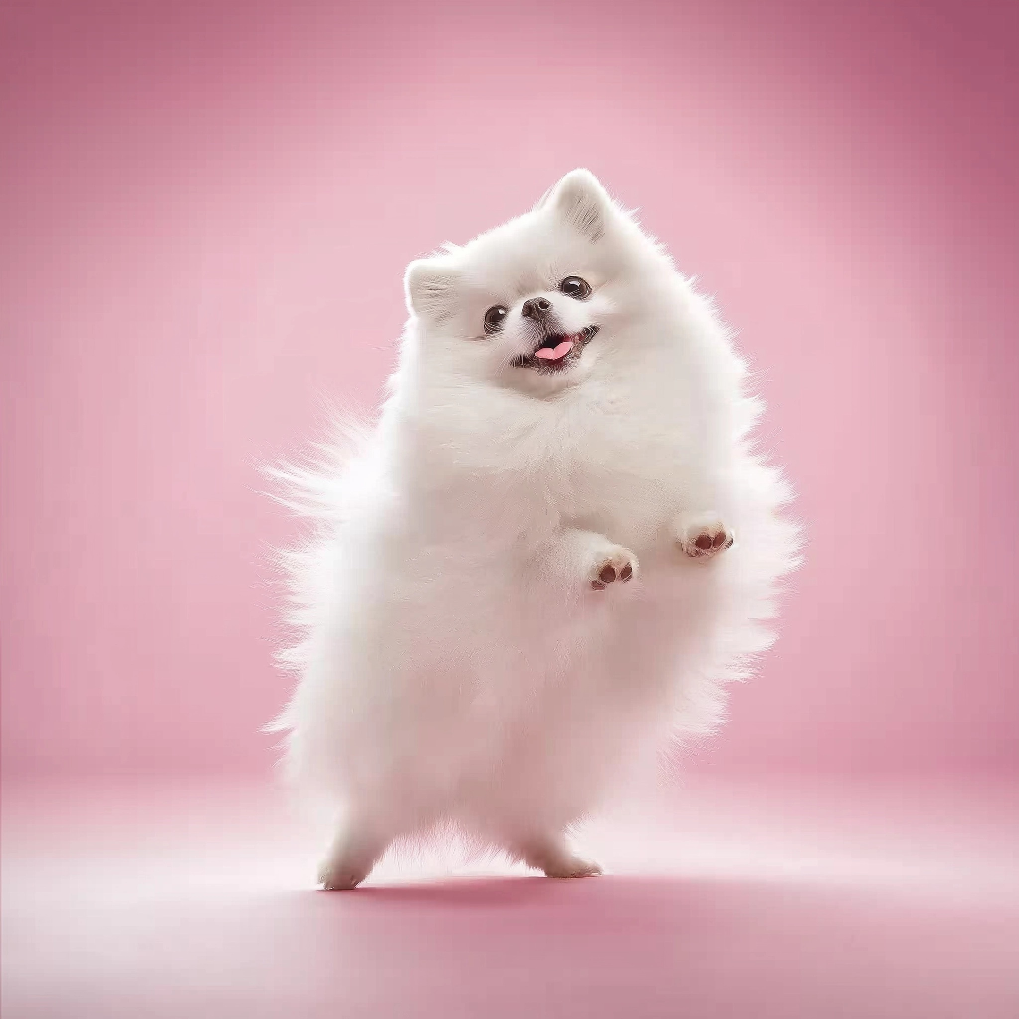 Adorable White Pomeranian Spinning on Pink Background