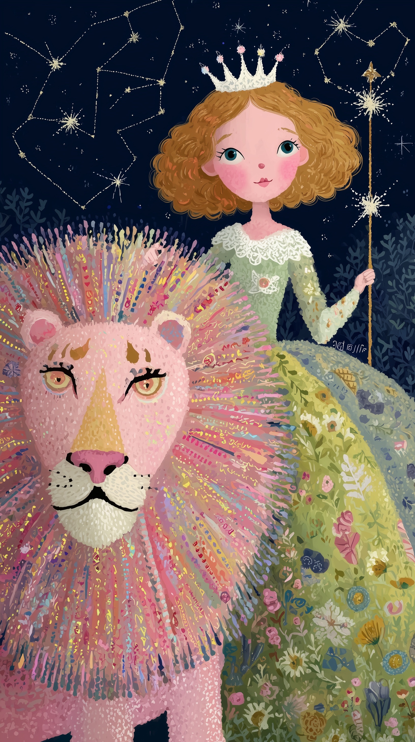 Regal Girl on Flaming Lion: Cosmic Majesty