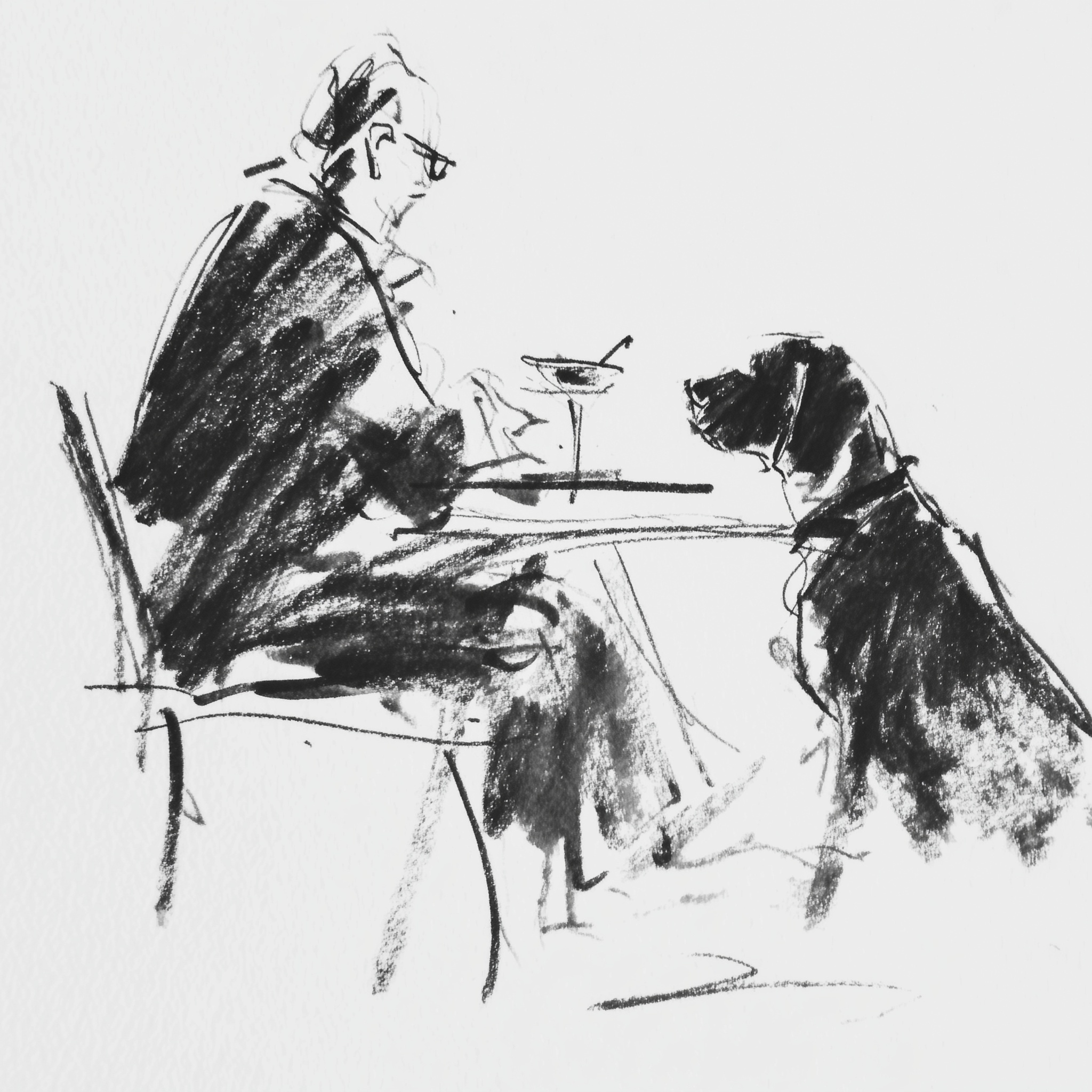 Minimalist Ink Drawing: Man, Sandwich & Dog