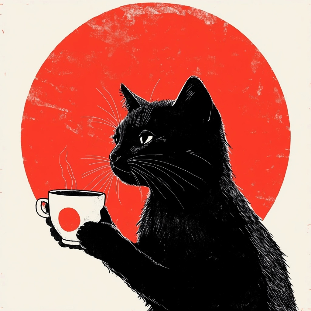 Chic Black Cat Coffee Art: Japanese Style Print