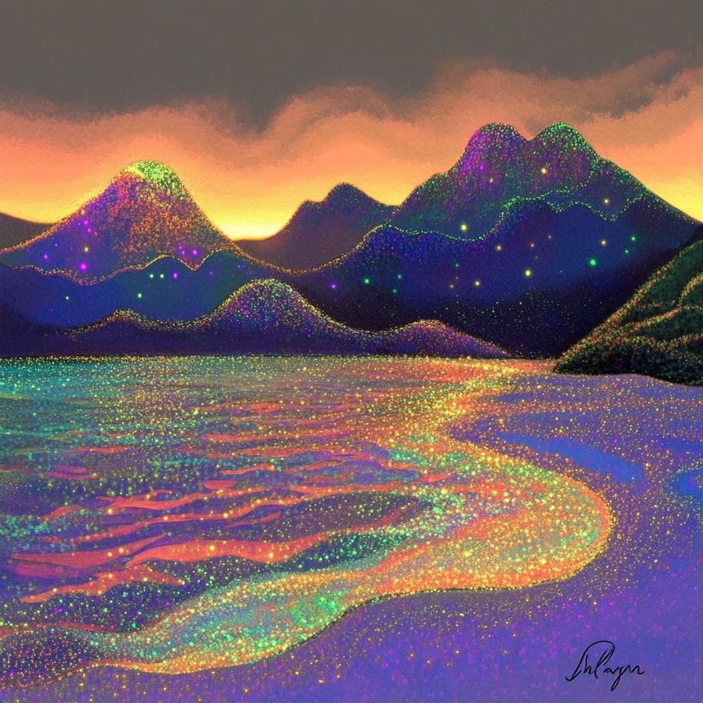 Vibrant Neon Pen Art: Coastal Sunset Scene