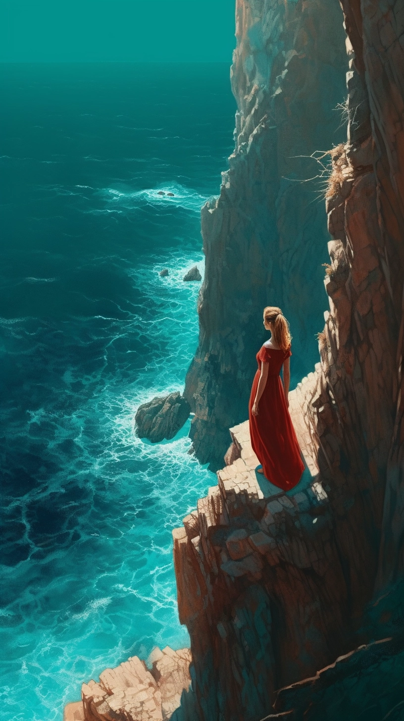 Red Dress Cliff Walk: Hyperrealistic Plein-Air Art