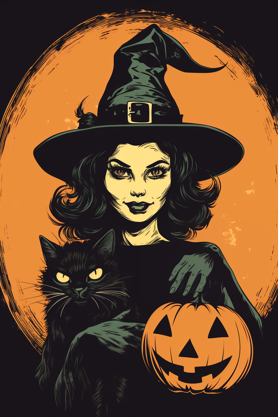 Spooky Halloween Witch & Black Cat: Vintage Retro Horror Illustration