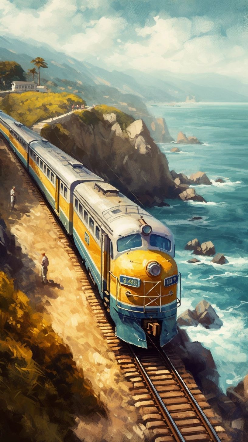 Vintage Ocean Train: Detailed Architecture Painting