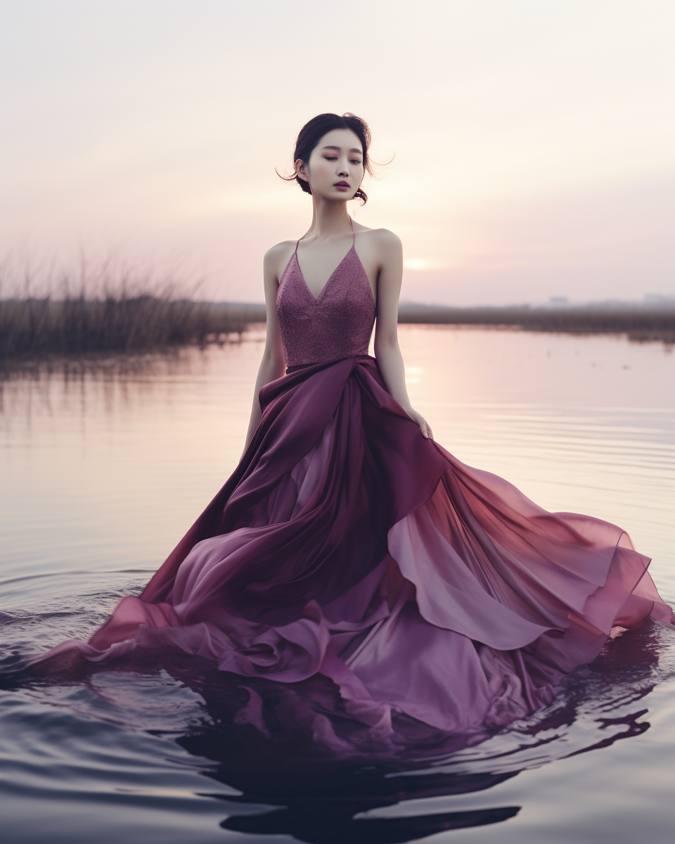 Mysterious Landscape: Korean Model in Hanae Mori Gown, Surrealistic Atmosphere and Editorial Portraits