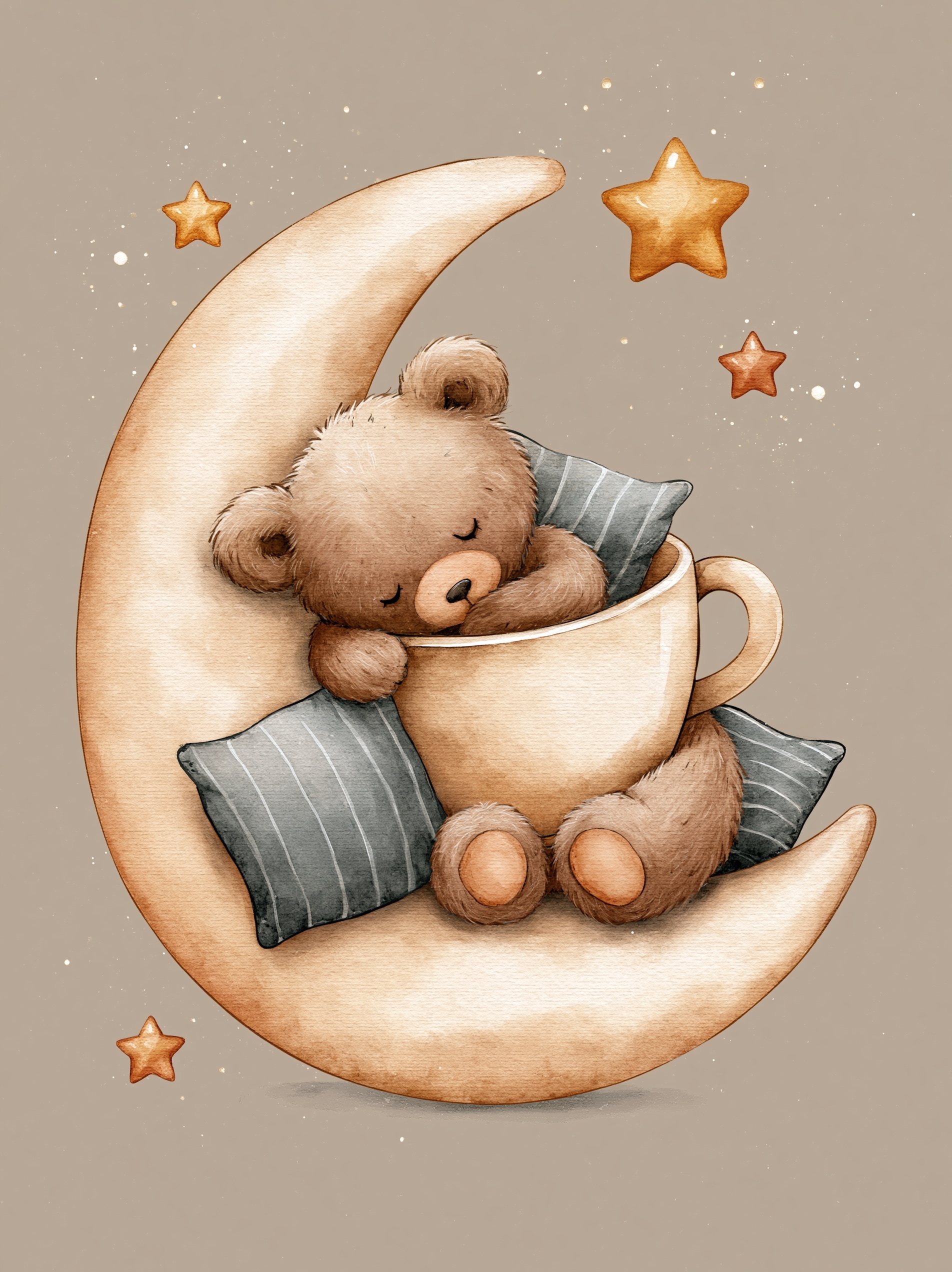 Dreamy Bear Cub on Moon: Watercolor Illustration