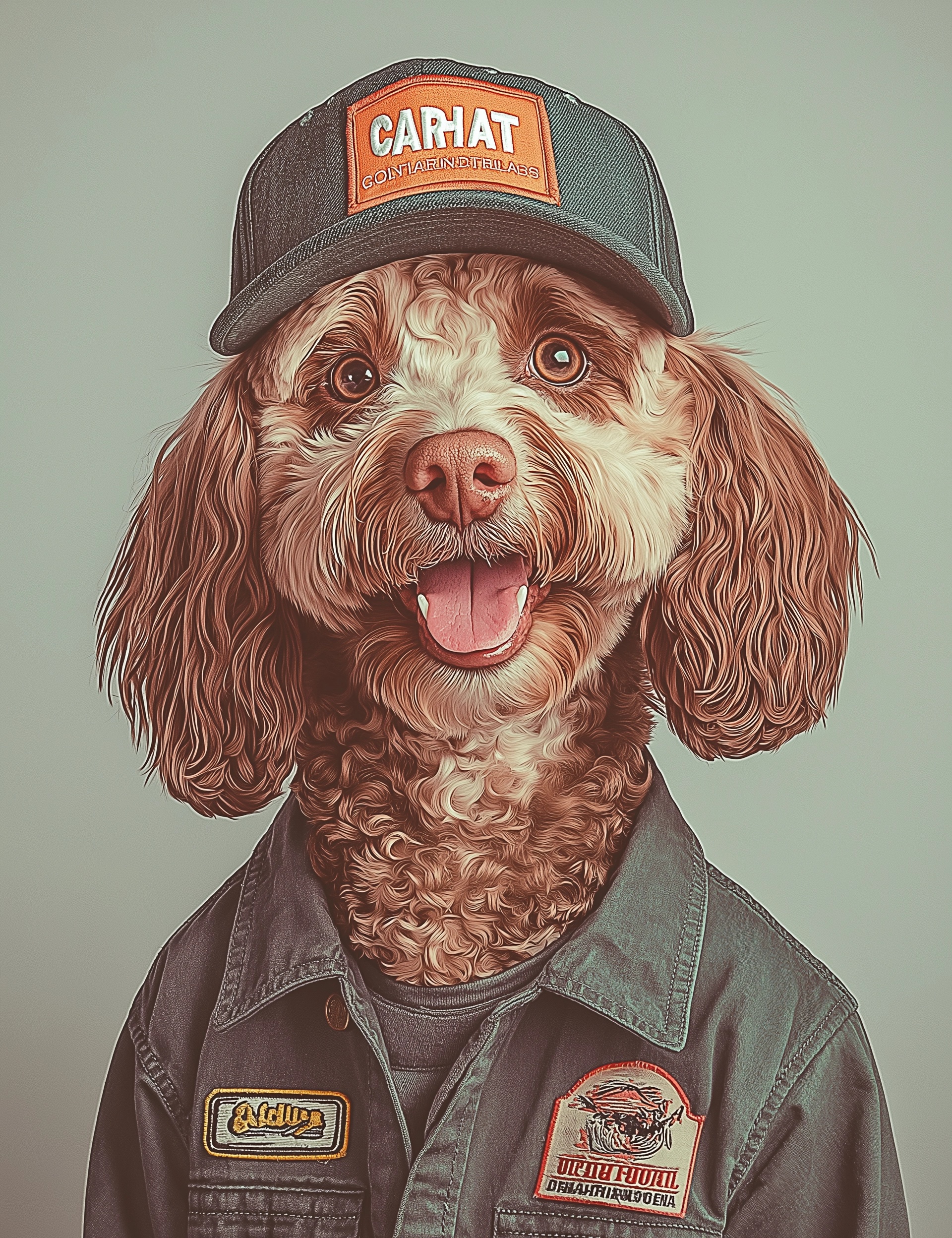 Playful Goldendoodle in Stylish Carhartt Gear