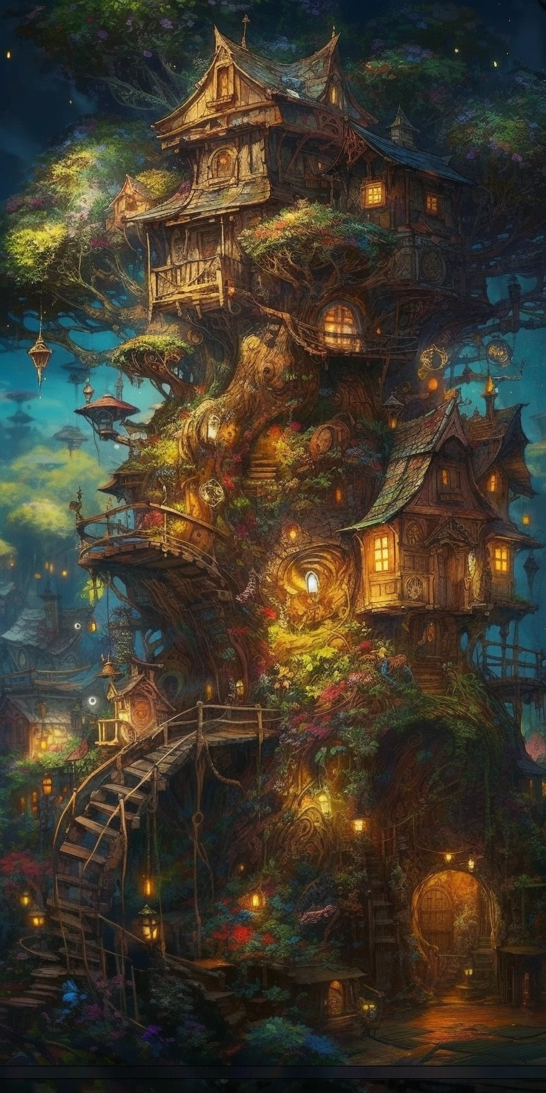 Baroque Elven Treehouse Village: Mystical HD Art