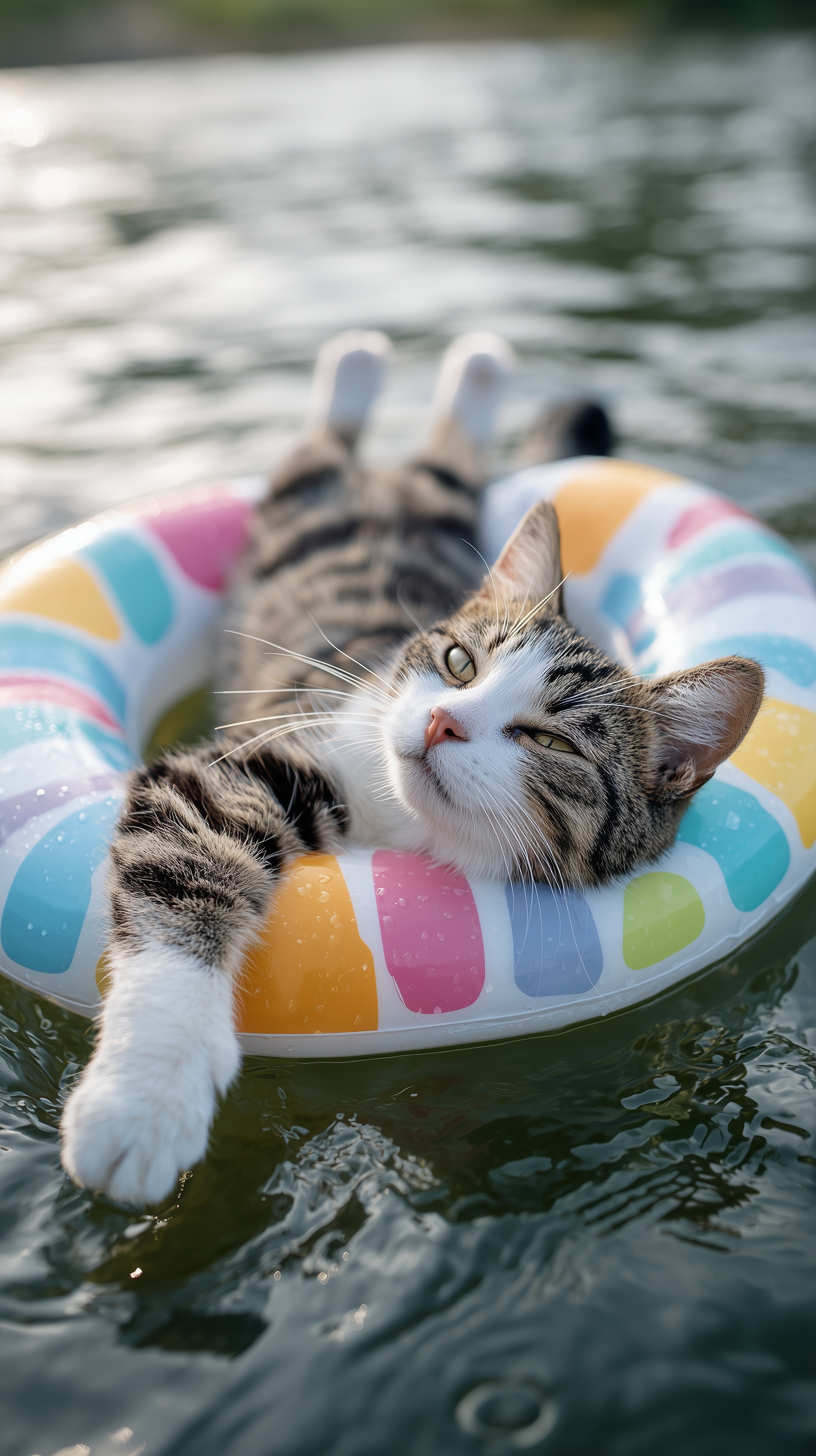 Relaxing Cat Floats on Lake in Swimming Rings