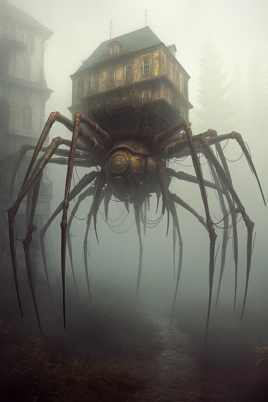 Mysterious Spider Mech in Foggy Illustration