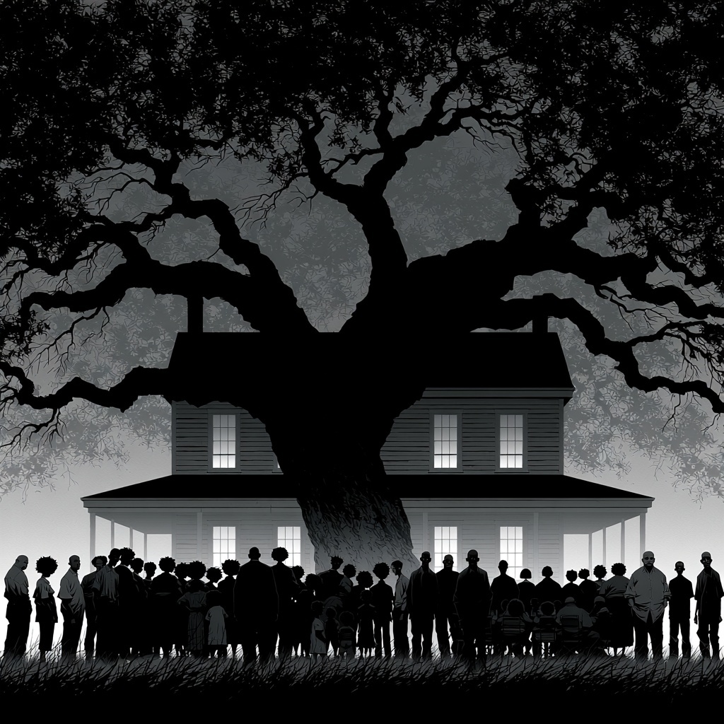 Family Reunion: Farmhouse Silhouette & Oak Tree
