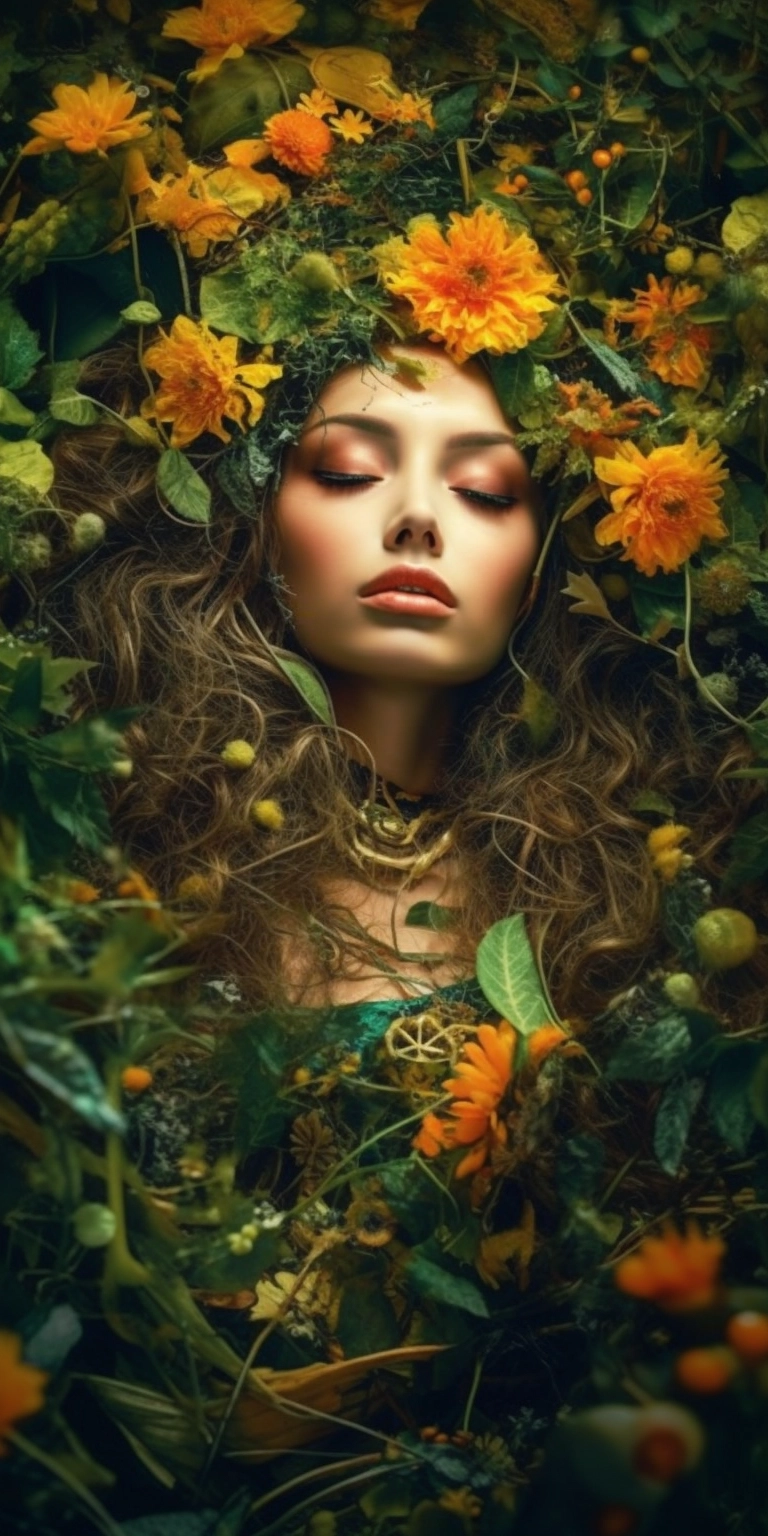 Surreal Garden: Mesmerizing Woman with Green Vines & Flowers