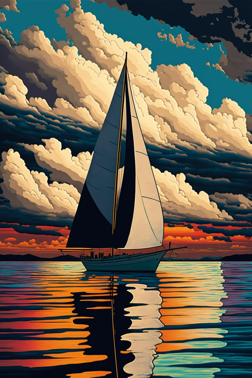 Pop Art Deco Bay Sunset: Hinkley Sloop Sailboat