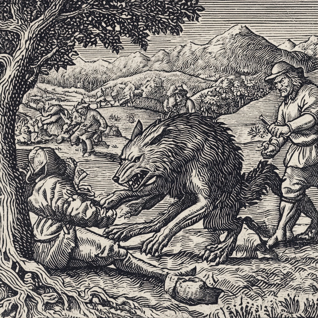 Medieval Werewolf Attack Woodcut Art Print