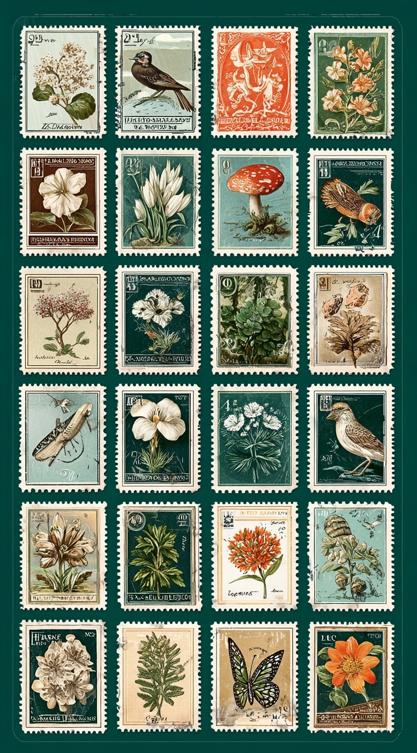 Elegant Vintage Stamps: Nature-Inspired Stationery