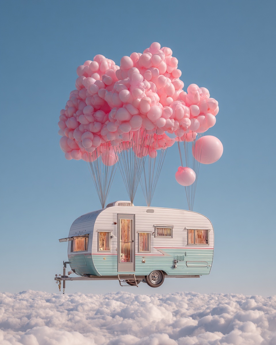Surreal Vintage Trailer: Balloons in a Dreamy Sky