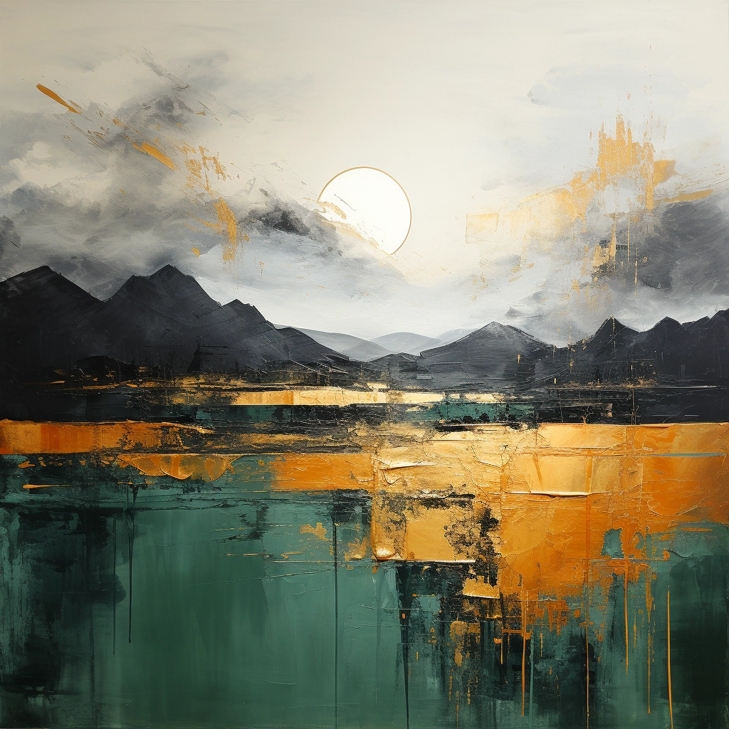 Majestic Serenity: Dark Green & Gold Abstract Landscapes