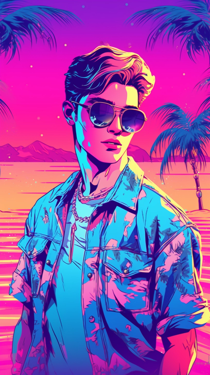 Neon Beach Nights: Vaporwave Manga Art