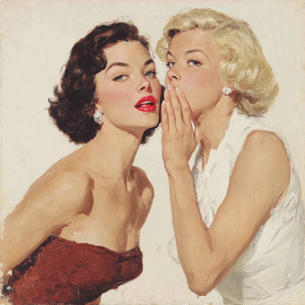 Elegant 1950s Art: Women in Whispered Conversation
