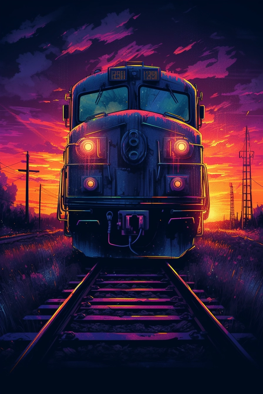 Sunset Train Adventure: Neo-Traditional Art