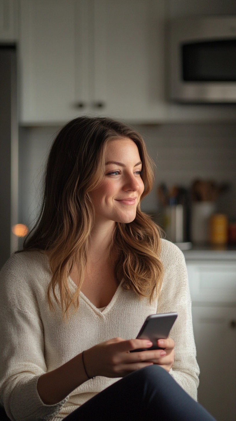 Smiling Woman in Cozy Kitchen Setting, Soft Light