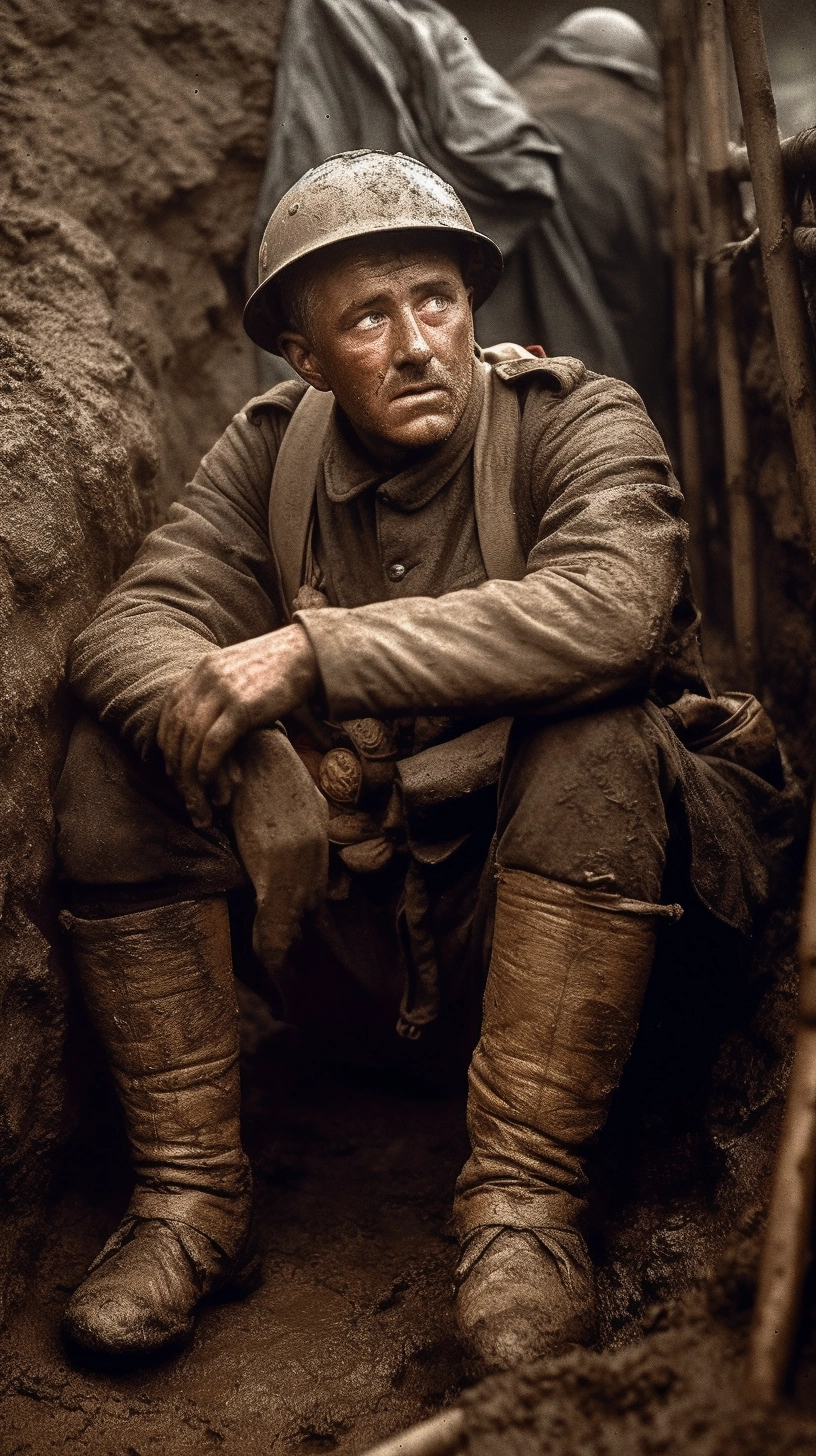 Desperate Soldier in WWI Trench - Vintage Photo