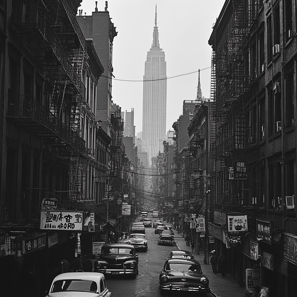 Chinatown NYC: Iconic Street Scene in Black & White