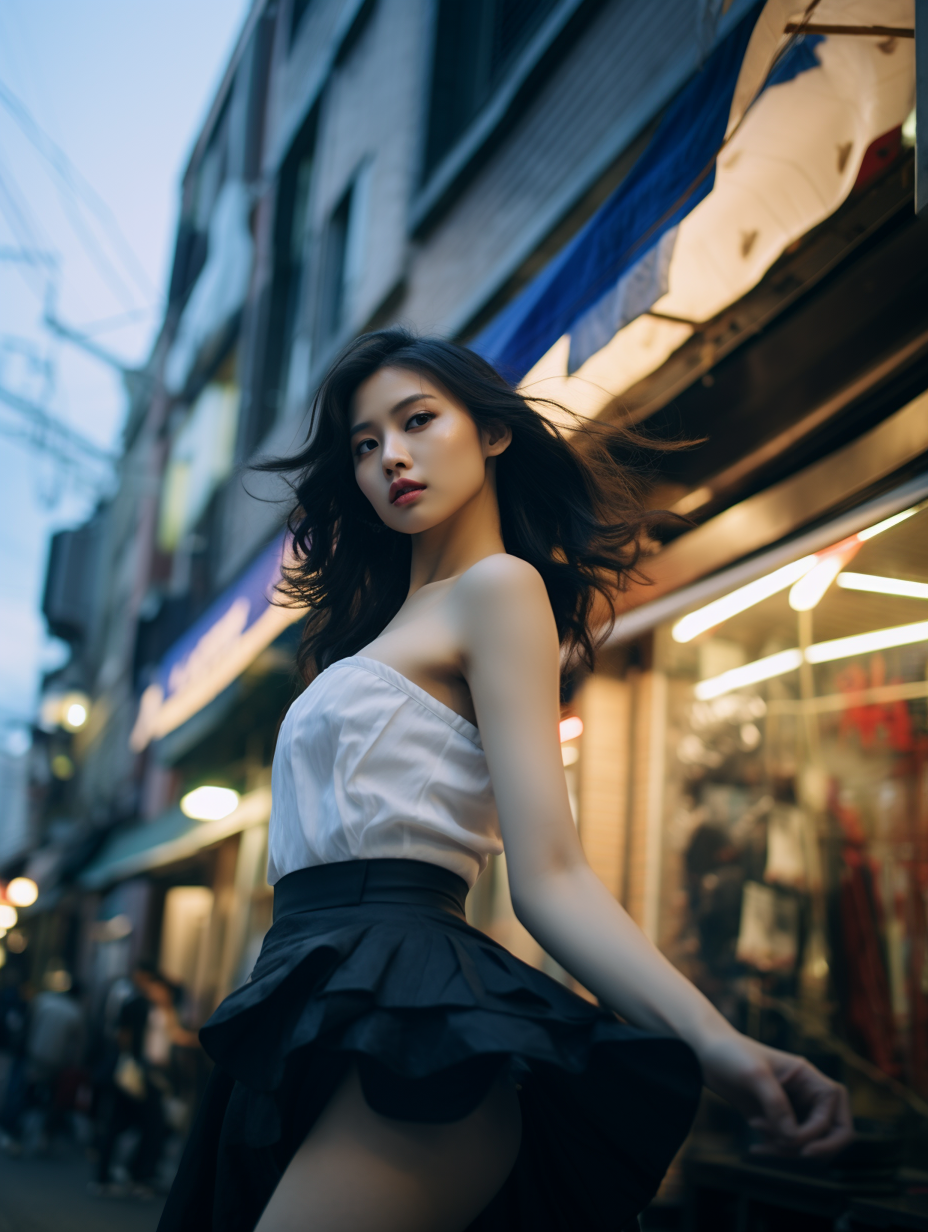 Korean Girl's Glamour at Twilight - Captivating Street Style!
