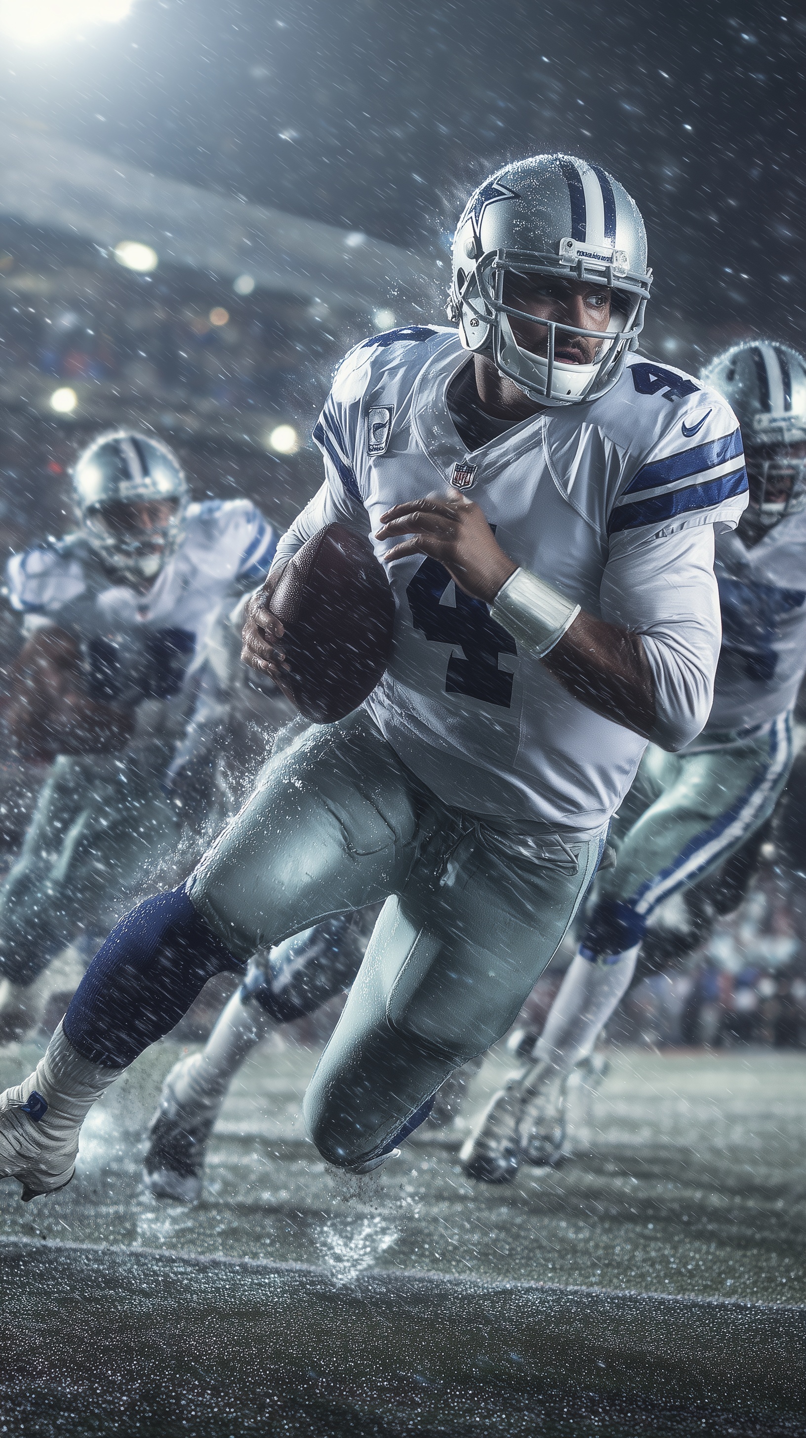 Thrilling Rainy Night: Cowboys QB Mid-Pass Action