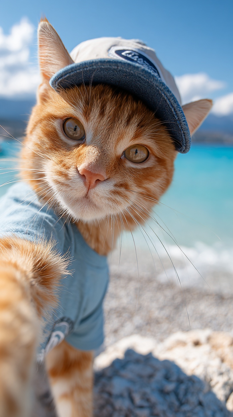 Beach Selfies: Stylish Orange Tabby Cat Adventure