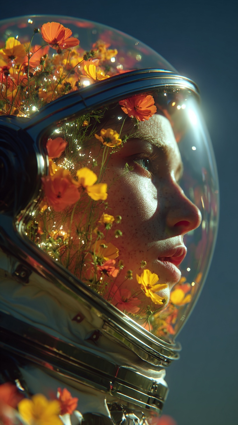 Surreal Astronaut Portrait with Cosmic Blooms