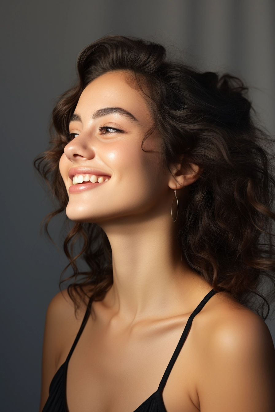 Captivating Side Profile: Young Woman Smiling & Gazing