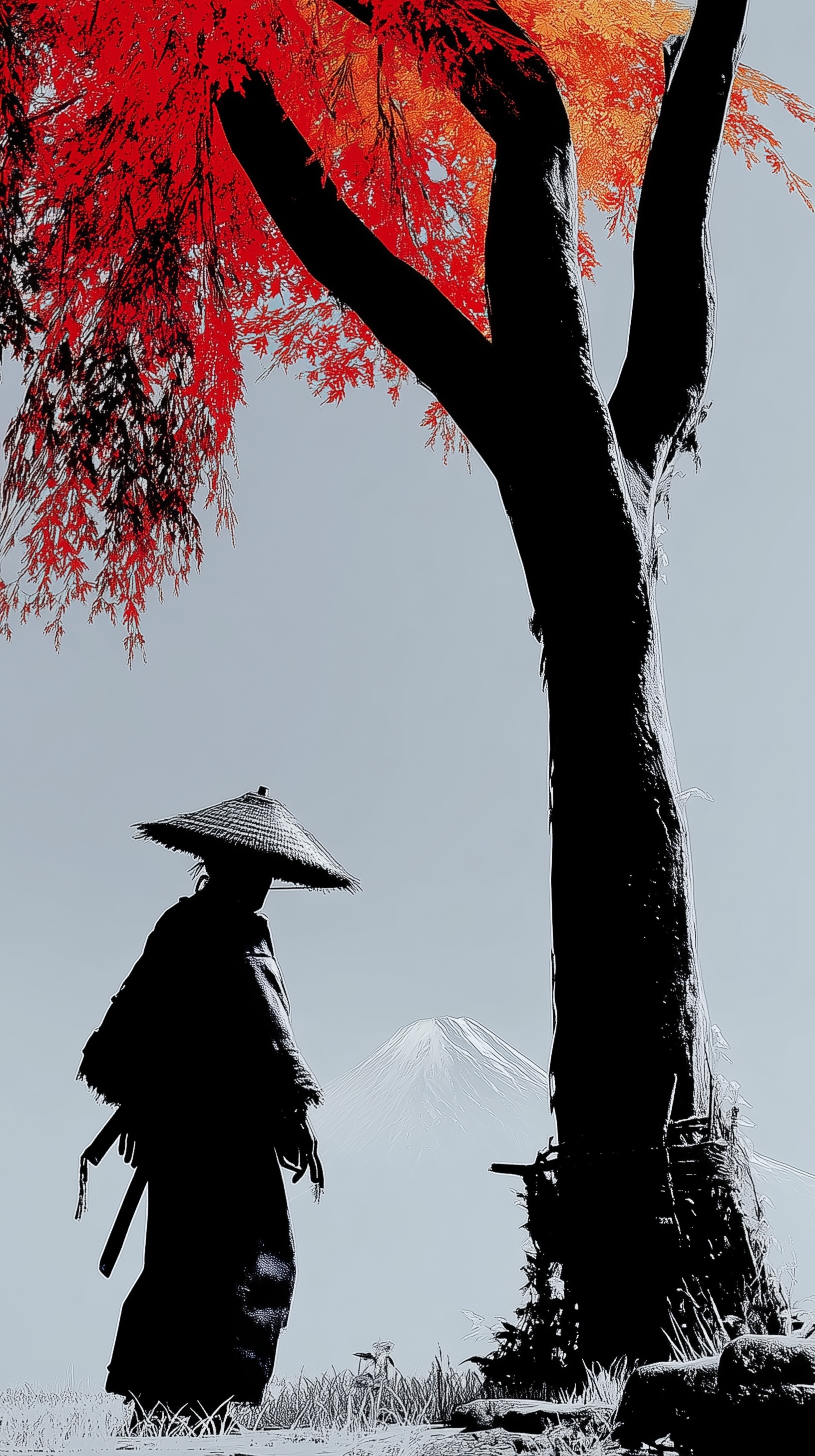 Epic Female Samurai Against Mount Fuji Background