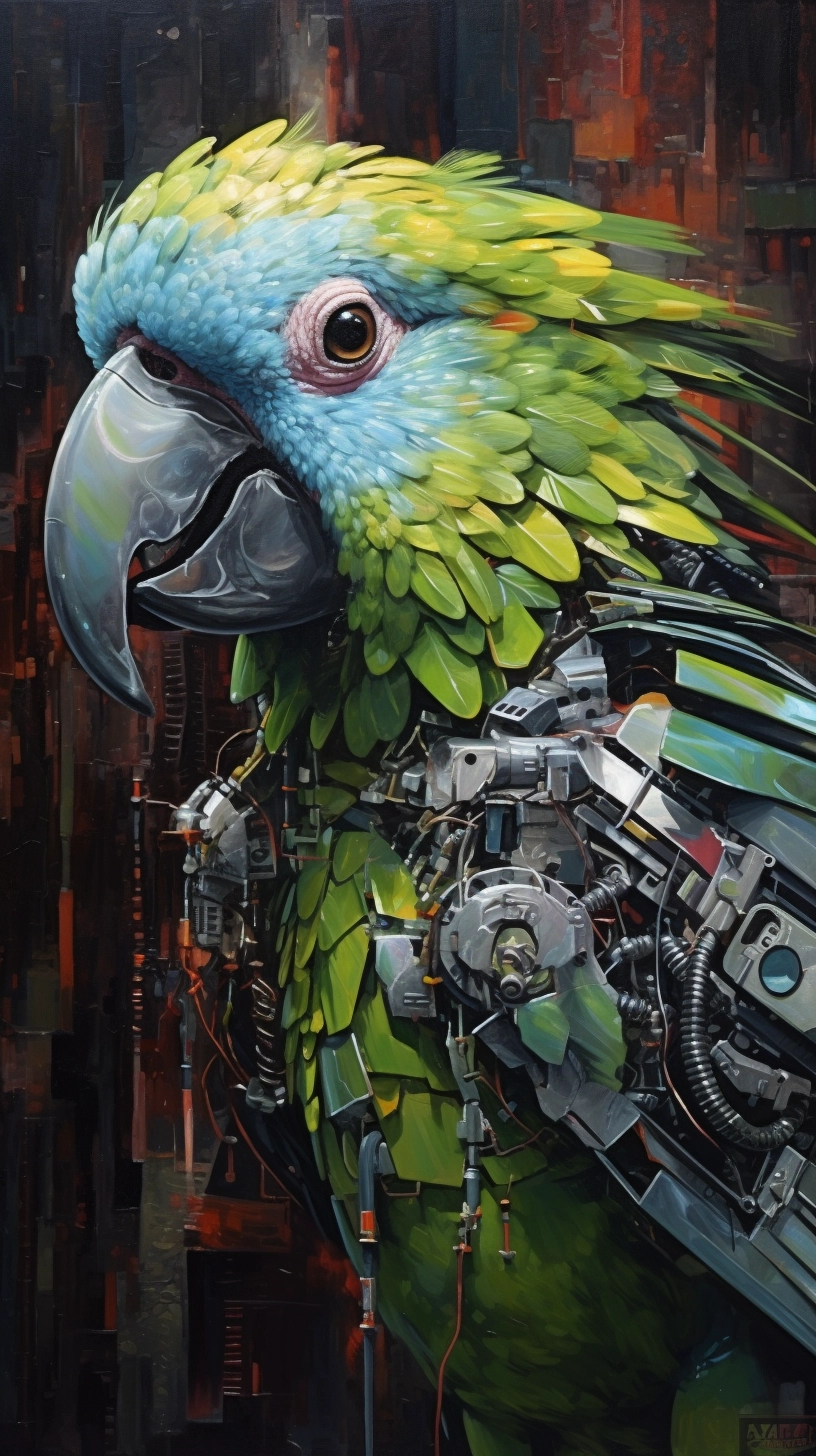 Metal Cyborg Parrot: Cyberpunk Oil Painting