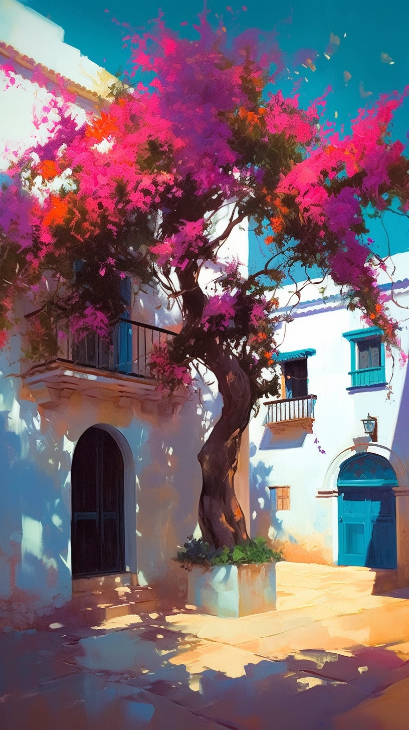 Vibrant Oil & Ink Painting: Greek Courtyard