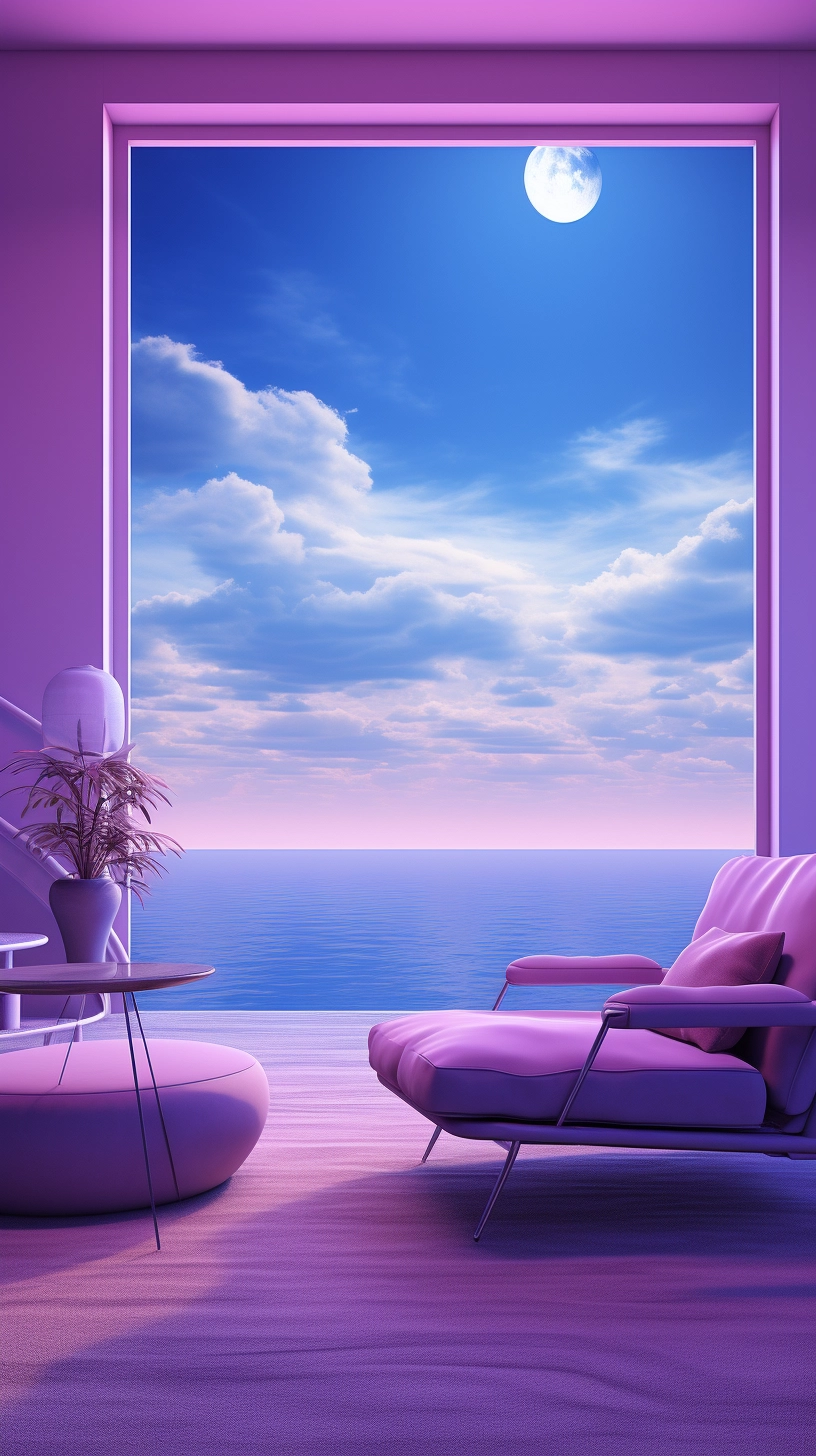 Vibrant Coastal Views: Purple Furniture & Minimalist Ocean Décor