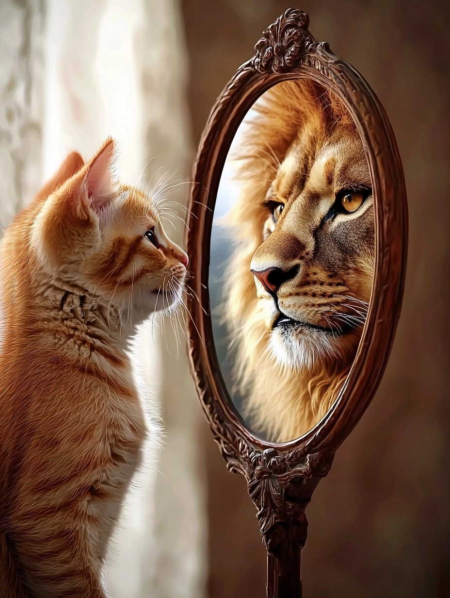 Adorable Kitten Meets Majestic Lion Reflection