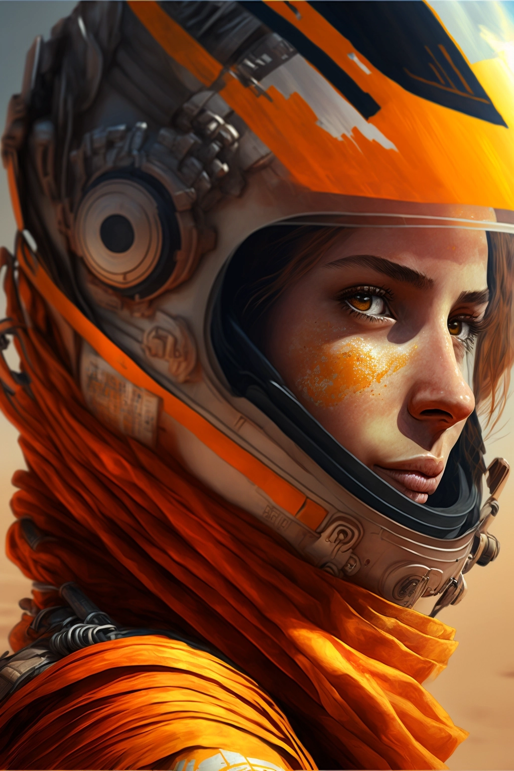 Hyper Realistic Woman in Modern Fight Suit Surprised in Orange Desert