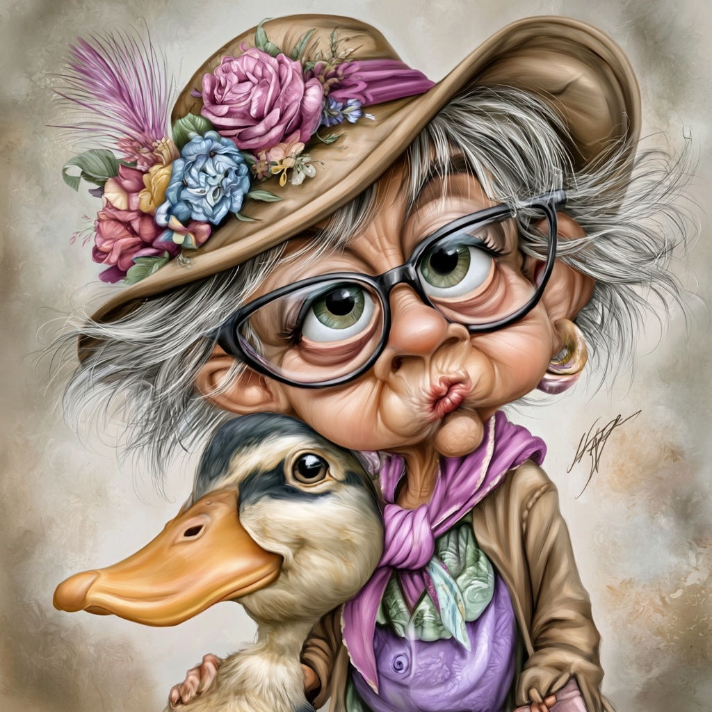 Whimsical Watercolor of a Happy Eccentric Granny