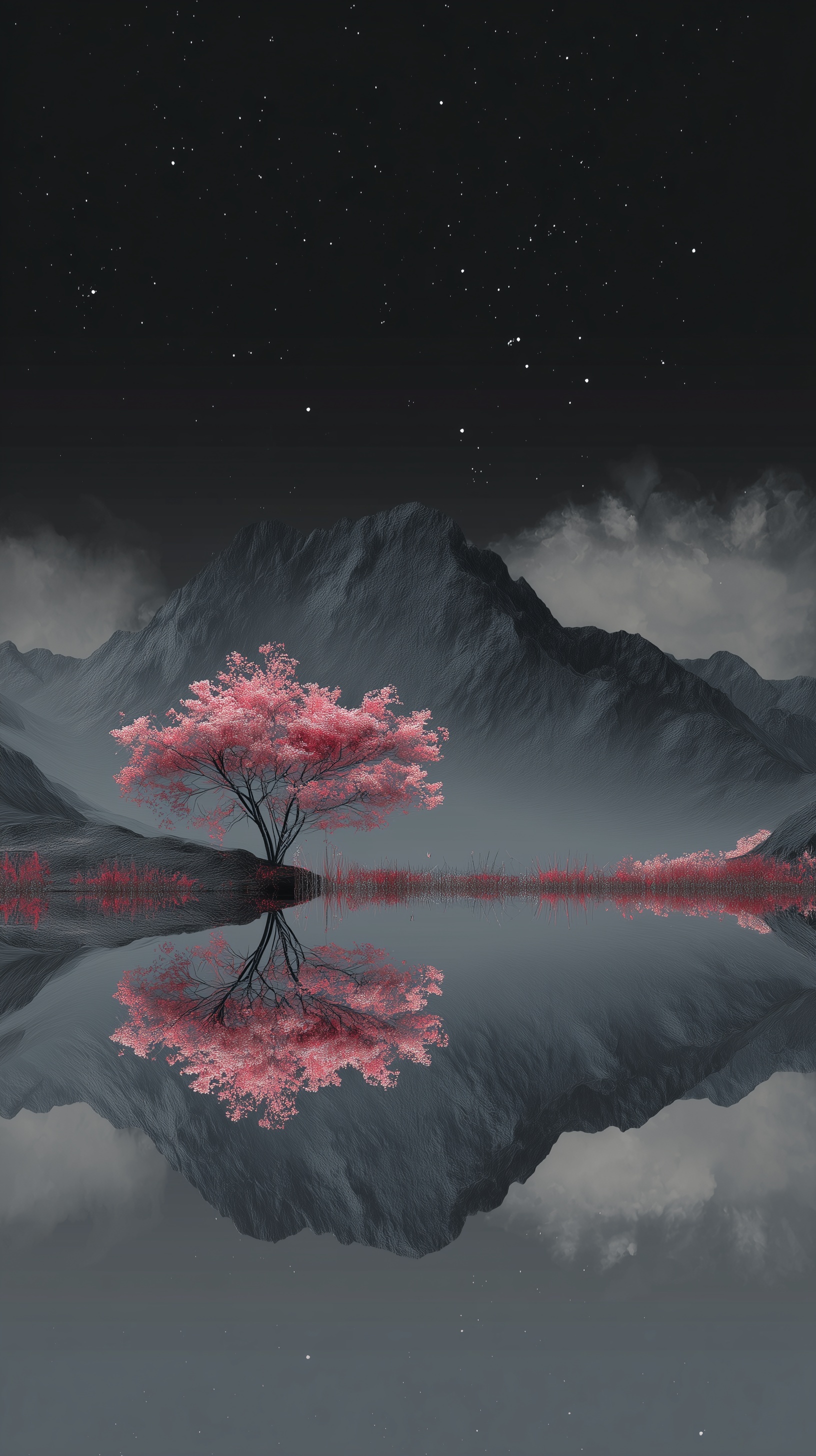 Serene Mountain Landscape with Cherry Blossoms