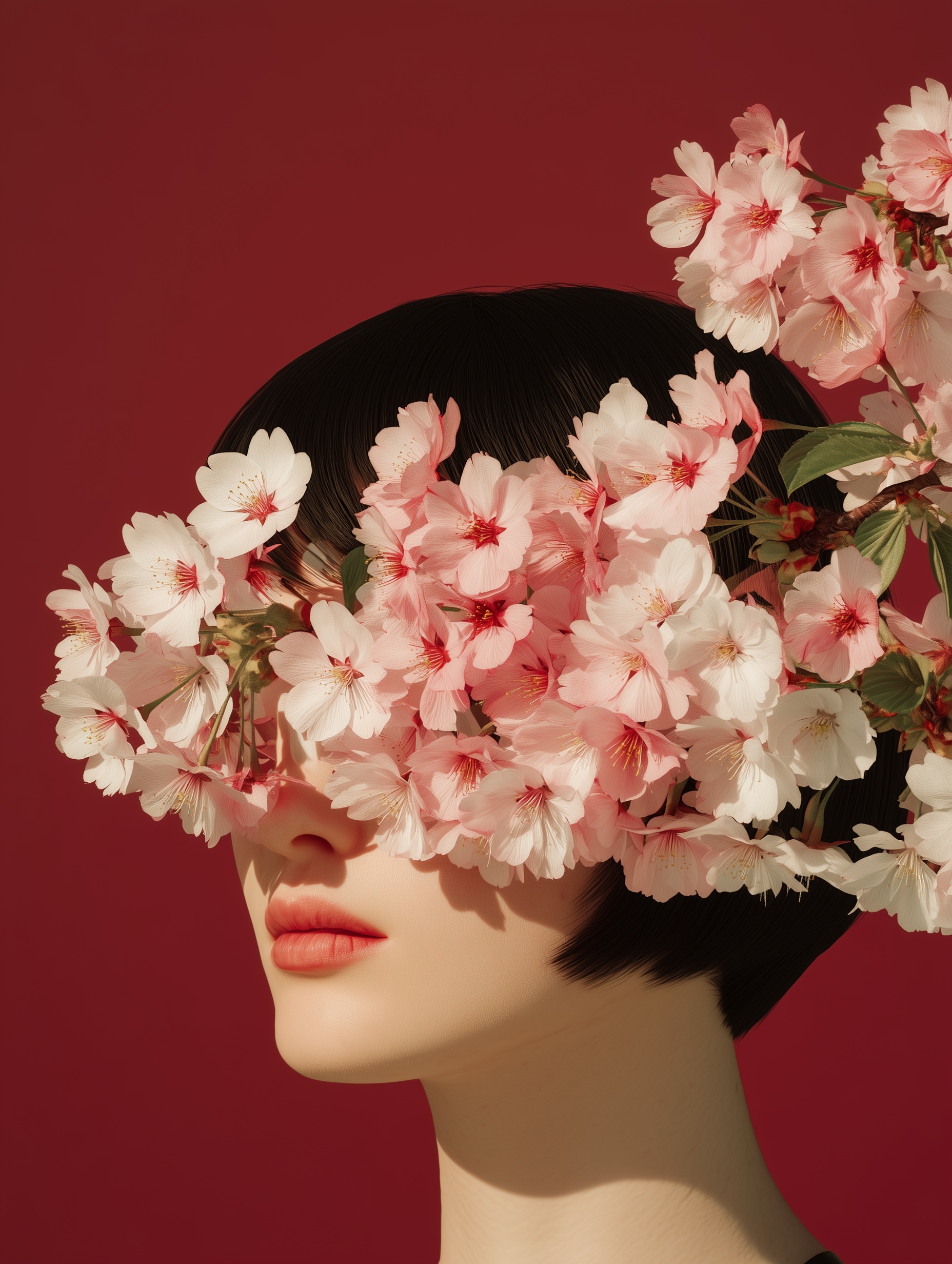 Surreal Portrait: Young Woman Amidst Cherry Blossoms