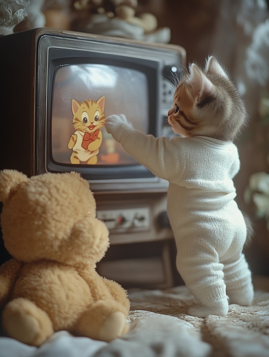 Adorable Kitten in PJs Touching Vintage TV