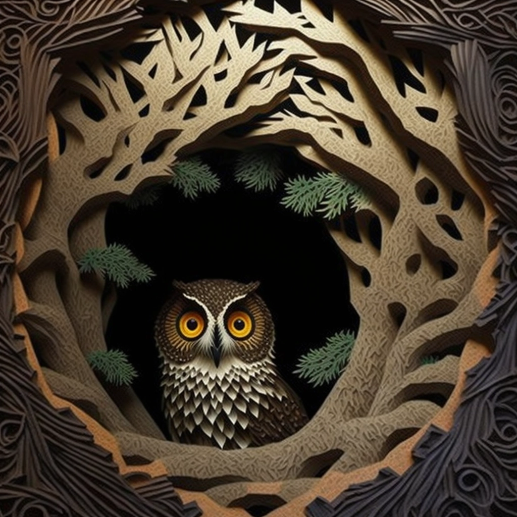 Ornate Paper Cut Craft: Tree Hollow Tunnel with Owl