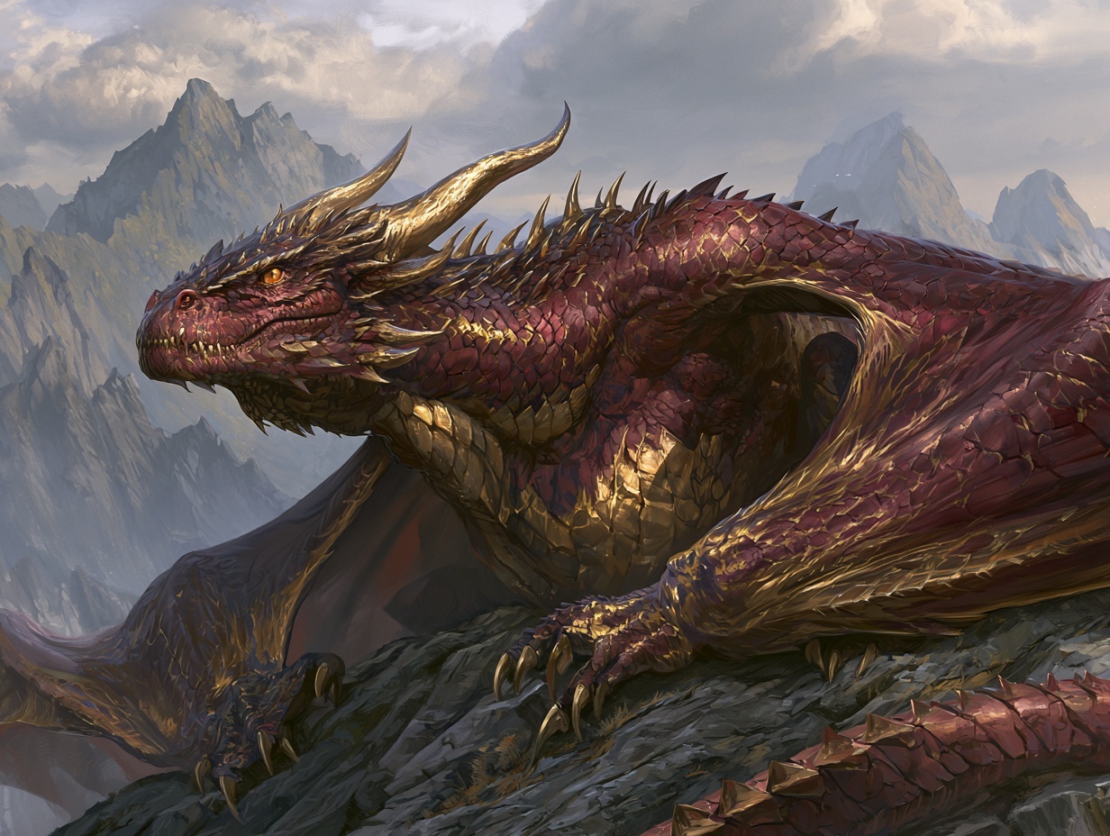Majestic Wyvern: Red-Gold Fantasy Creature on Peak