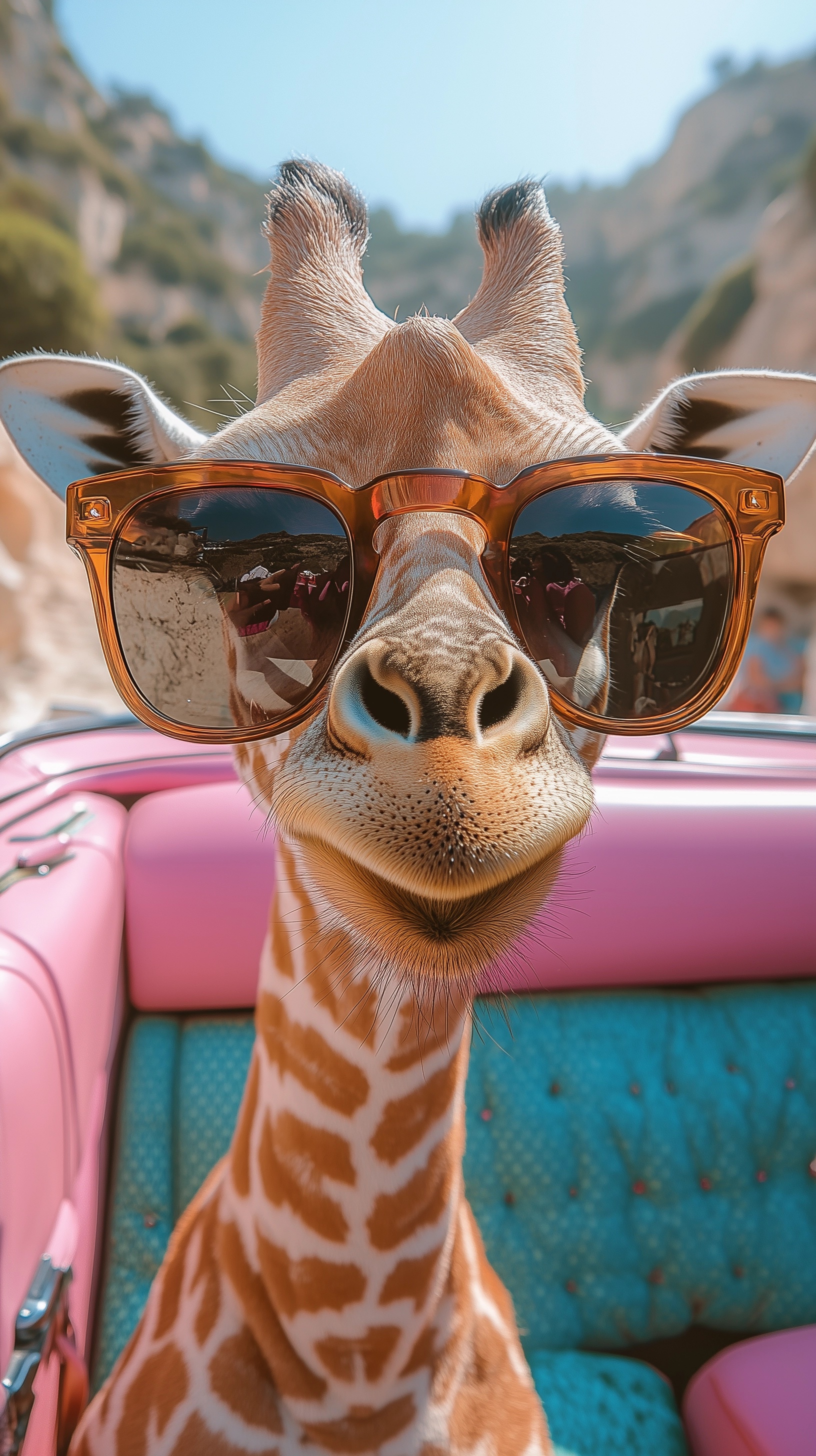 Stylish Giraffe in Convertible: Mountain Adventure